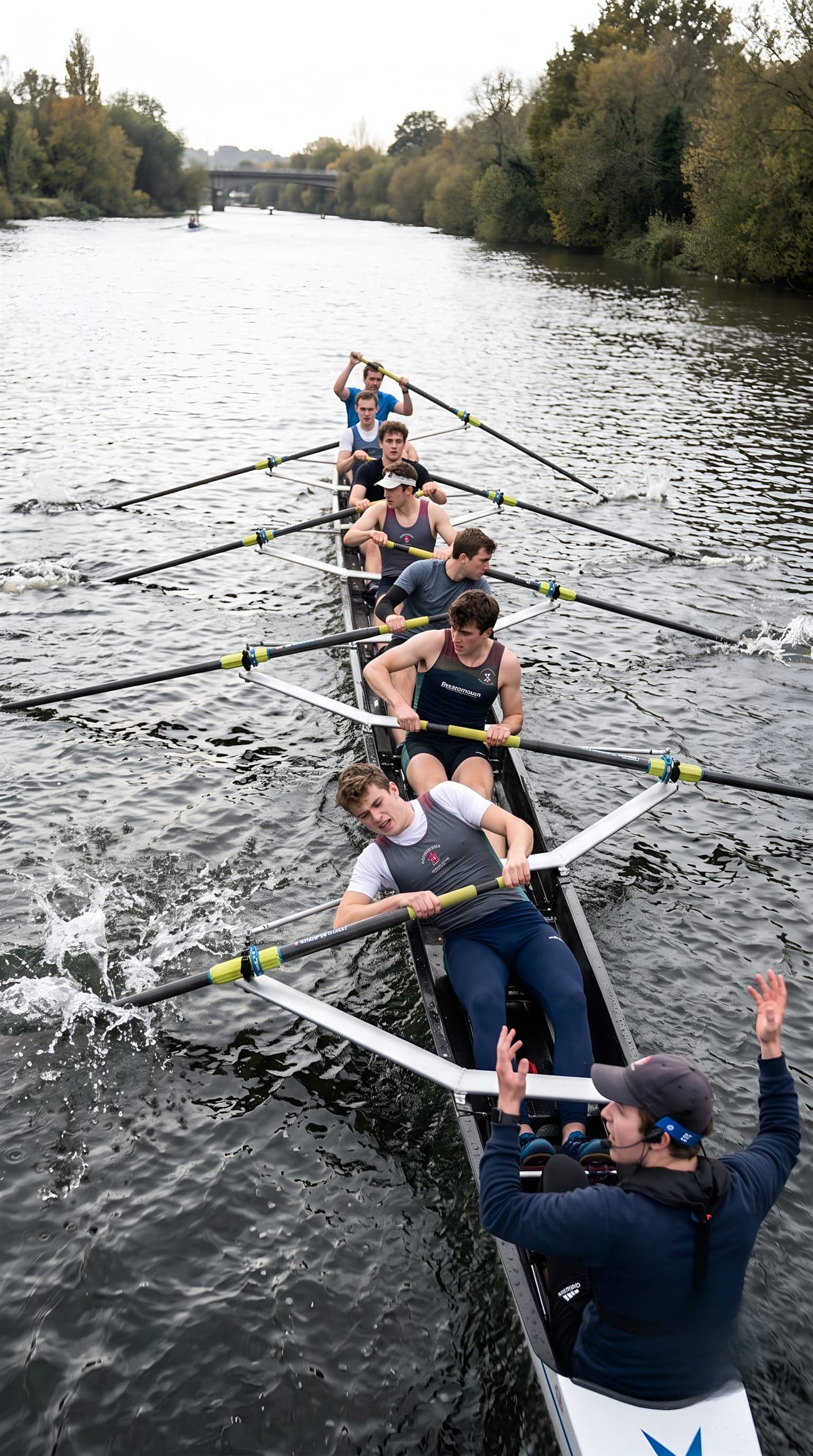 A rowing eight mid-stroke on a river as the cox calls the rhythm